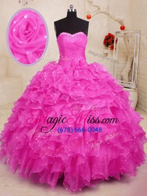 Cute Hot Pink Sleeveless Organza Lace Up Quinceanera Gown for Military Ball and Sweet 16 and Quinceanera