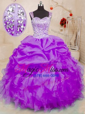 Simple Pick Ups Ball Gowns Sweet 16 Dresses Purple Straps Organza Sleeveless Floor Length Lace Up