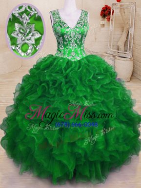 Enchanting V-neck Sleeveless Sweet 16 Dresses Floor Length Beading and Embroidery and Ruffles Green Organza