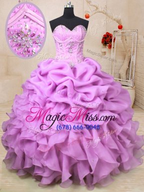 Amazing Lilac Organza Lace Up Sweetheart Sleeveless Floor Length Sweet 16 Dresses Beading and Ruffles and Pick Ups