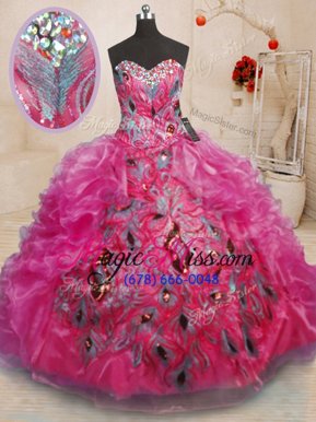 Discount Sleeveless Organza Floor Length Lace Up Ball Gown Prom Dress in Hot Pink for with Beading and Appliques and Ruffles