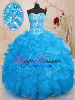 Adorable Baby Blue Lace Up Quinceanera Dresses Beading and Ruffles and Sequins Sleeveless Floor Length
