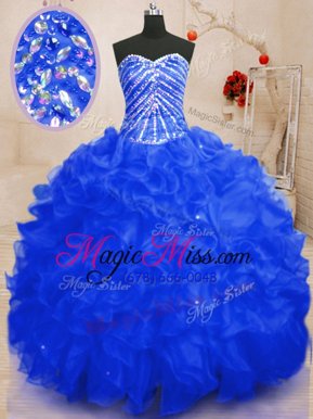 Cheap Royal Blue Organza Lace Up 15 Quinceanera Dress Sleeveless Floor Length Beading and Ruffles and Sequins