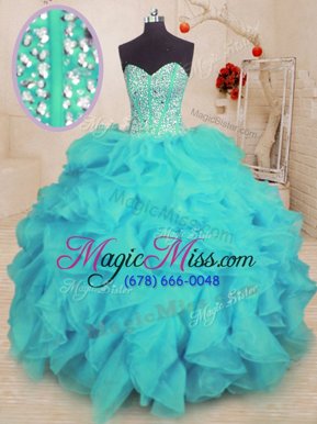 Popular Sweetheart Sleeveless 15th Birthday Dress Floor Length Beading and Ruffles Aqua Blue Organza