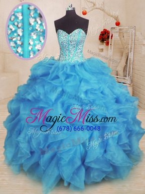 Dynamic Baby Blue Ball Gowns Sweetheart Sleeveless Organza Floor Length Lace Up Beading and Ruffles Quinceanera Gown