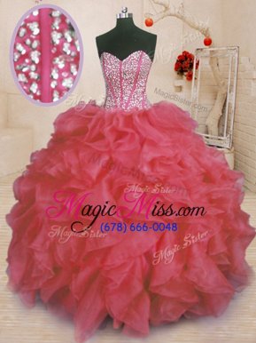 Affordable Coral Red Sweetheart Lace Up Beading and Ruffles 15 Quinceanera Dress Sleeveless