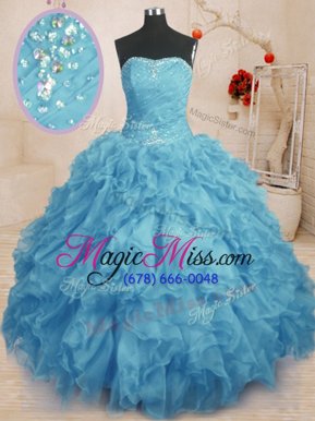 Unique Baby Blue Ball Gowns Beading and Ruffles and Ruching Quinceanera Dress Lace Up Organza Sleeveless Floor Length