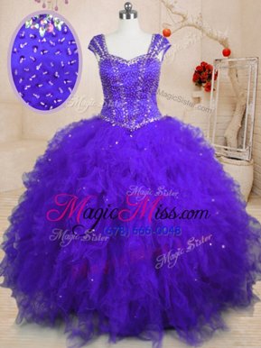 Traditional Tulle Square Cap Sleeves Lace Up Beading and Ruffles and Sequins Sweet 16 Dresses in Purple