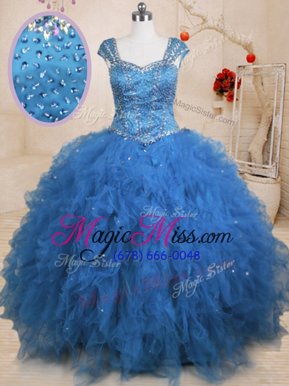 Dynamic Teal Ball Gowns Beading and Ruffles and Sequins Quinceanera Dresses Lace Up Tulle Cap Sleeves Floor Length
