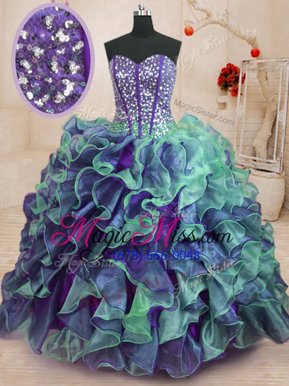Glamorous Multi-color Organza Lace Up Sweetheart Sleeveless Floor Length Sweet 16 Dresses Beading and Ruffles