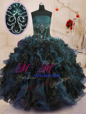 Vintage Blue And Black Strapless Lace Up Beading and Ruffles Sweet 16 Dresses Sleeveless