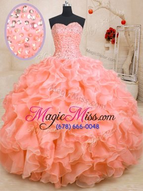 Simple Orange Sleeveless Floor Length Beading and Ruffles Lace Up Quince Ball Gowns