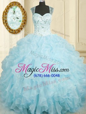 Pretty Floor Length Baby Blue 15th Birthday Dress Organza Sleeveless Beading and Ruffles