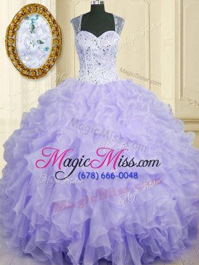 Elegant Lavender Lace Up Straps Beading and Ruffles Sweet 16 Quinceanera Dress Organza Sleeveless