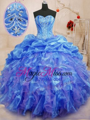 Adorable Blue Ball Gowns Beading and Ruffles 15 Quinceanera Dress Lace Up Organza Sleeveless Floor Length