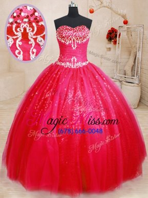 Pretty Red Lace Up 15th Birthday Dress Beading Sleeveless Floor Length