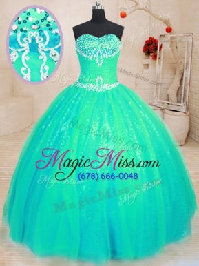 High End Sweetheart Sleeveless Tulle and Sequined Quinceanera Gown Beading and Appliques Lace Up
