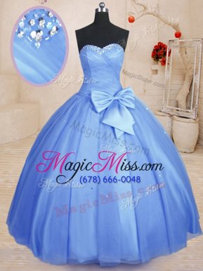 Simple Tulle Sleeveless Floor Length Sweet 16 Dresses and Beading and Bowknot
