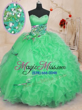 High Quality Apple Green Sleeveless Floor Length Beading and Ruffles Lace Up Quince Ball Gowns