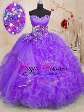 Free and Easy Lavender Ball Gowns Organza Sweetheart Sleeveless Beading and Ruffles Floor Length Lace Up Ball Gown Prom Dress