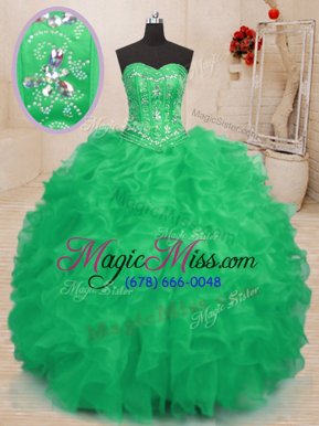 Deluxe Teal and Green Ball Gowns Beading and Ruffles Quince Ball Gowns Lace Up Organza Sleeveless Floor Length