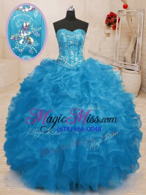 Adorable Sleeveless Floor Length Beading and Ruffles Lace Up Quinceanera Gown with Baby Blue