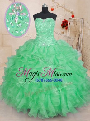 Fabulous Green Ball Gowns Organza Sweetheart Sleeveless Beading and Ruffles Floor Length Lace Up 15th Birthday Dress