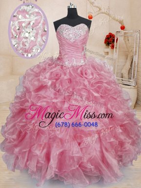 New Style Beading and Ruffles Vestidos de Quinceanera Pink Lace Up Sleeveless Floor Length
