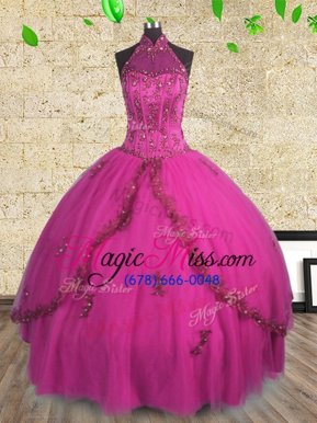 Nice Halter Top Sleeveless Sweet 16 Dresses Floor Length Beading Fuchsia Tulle