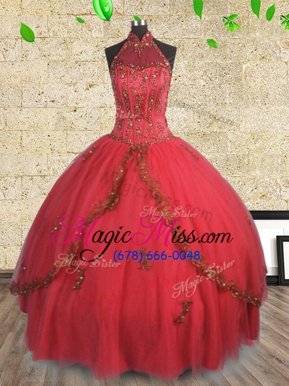 Fabulous Halter Top Beading 15th Birthday Dress Red Lace Up Sleeveless Floor Length