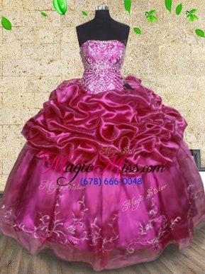 Cute Beading and Embroidery and Pick Ups Ball Gown Prom Dress Fuchsia Lace Up Sleeveless Floor Length