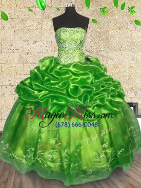 Luxury Strapless Sleeveless Organza Quinceanera Gown Beading and Embroidery Lace Up