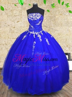 Tulle Strapless Sleeveless Lace Up Appliques and Ruching 15th Birthday Dress in Royal Blue