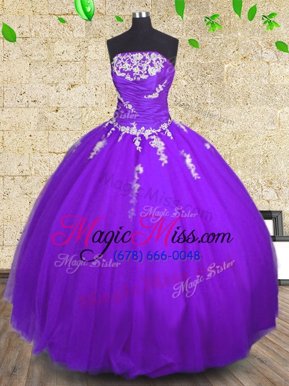 Modern Purple Ball Gowns Appliques and Ruching Quince Ball Gowns Lace Up Tulle Sleeveless Floor Length