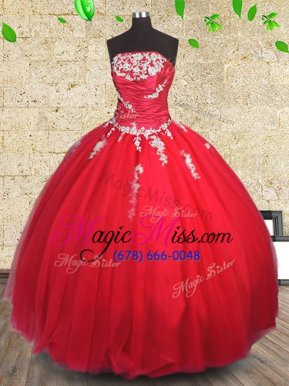 Decent Red Lace Up Strapless Appliques and Ruching Vestidos de Quinceanera Tulle Sleeveless