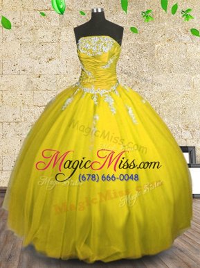 Artistic Strapless Sleeveless Sweet 16 Dresses Floor Length Appliques and Ruching Yellow Tulle