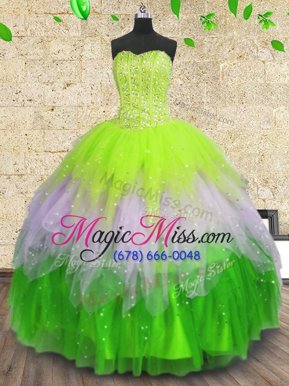 Custom Fit Multi-color Ball Gowns Sweetheart Sleeveless Tulle Floor Length Lace Up Beading and Ruffles and Sequins Quinceanera Dresses