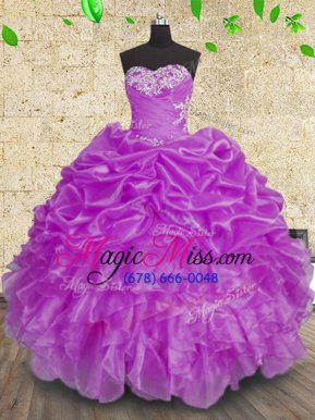 Stunning Sleeveless Organza Floor Length Lace Up Sweet 16 Quinceanera Dress in Purple for with Beading and Appliques and Ruffles and Ruching