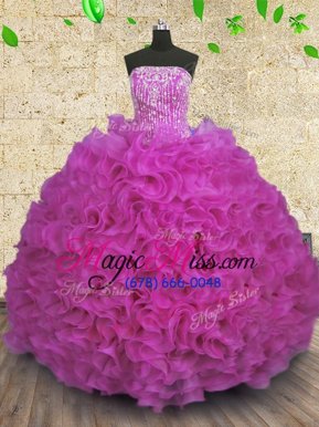 Classical Organza Strapless Sleeveless Lace Up Beading and Ruffles Sweet 16 Dresses in Fuchsia