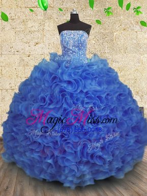 High End Organza Strapless Sleeveless Lace Up Beading and Ruffles Sweet 16 Quinceanera Dress in Royal Blue