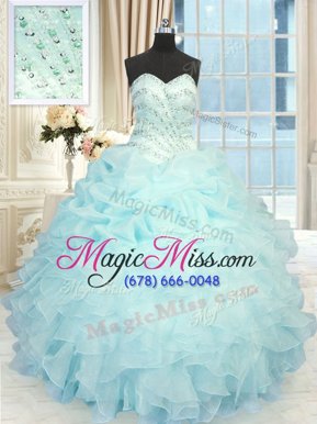 Captivating Aqua Blue A-line Sweetheart Sleeveless Organza Floor Length Lace Up Beading and Pick Ups Quinceanera Gowns
