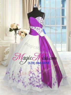 Pretty White And Purple Sleeveless Embroidery and Sashes|ribbons Floor Length 15th Birthday Dress