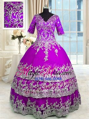 Floor Length Zipper Quinceanera Gowns Purple and In for Military Ball and Sweet 16 and Quinceanera with Appliques and Ruffled Layers