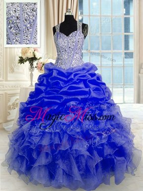 Enchanting Floor Length Zipper Sweet 16 Dresses Blue and In for Military Ball and Sweet 16 and Quinceanera with Beading and Ruffles
