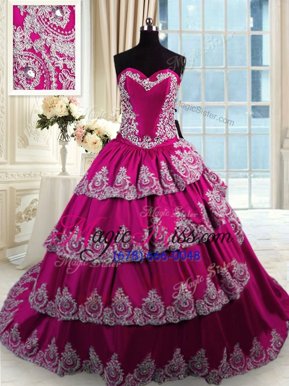Fancy Fuchsia Ball Gowns Sweetheart Sleeveless Taffeta With Train Court Train Lace Up Beading and Appliques and Embroidery and Ruffled Layers Sweet 16 Dresses