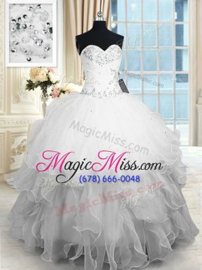 Best Selling White Organza Lace Up Quinceanera Gowns Sleeveless Floor Length Beading and Ruffles