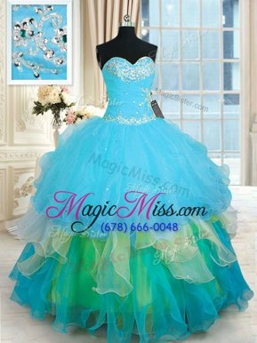 Custom Design Multi-color Organza Lace Up Quinceanera Gown Sleeveless Floor Length Beading and Ruffled Layers