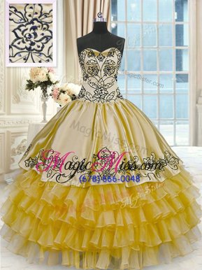Organza and Taffeta Sweetheart Sleeveless Lace Up Beading and Embroidery and Ruffled Layers Quinceanera Dresses in Yellow