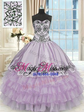 Decent Lavender Organza Lace Up Quinceanera Dress Sleeveless Floor Length Beading and Embroidery and Ruffled Layers