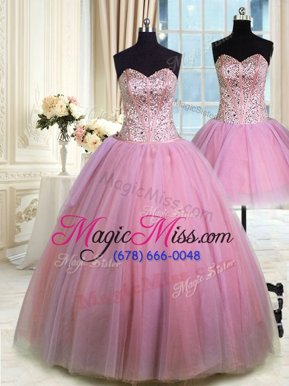 Three Piece Ball Gowns Quinceanera Dress Lavender Sweetheart Tulle Sleeveless Floor Length Lace Up